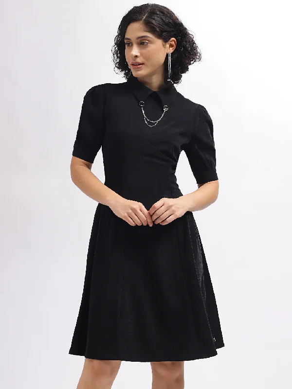 Iconic Women Black Solid Shirt Collar Short Sleeves Dress